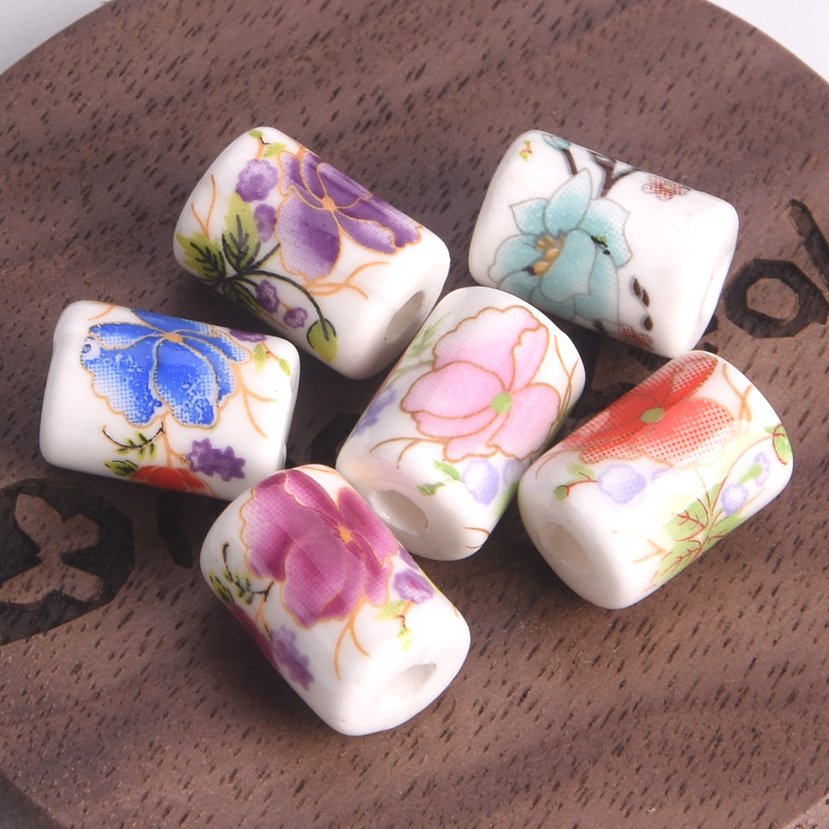 Embellishment Crafts - 10 stuks 12x9mm Cilindervorm Bloempatronen Keramisch